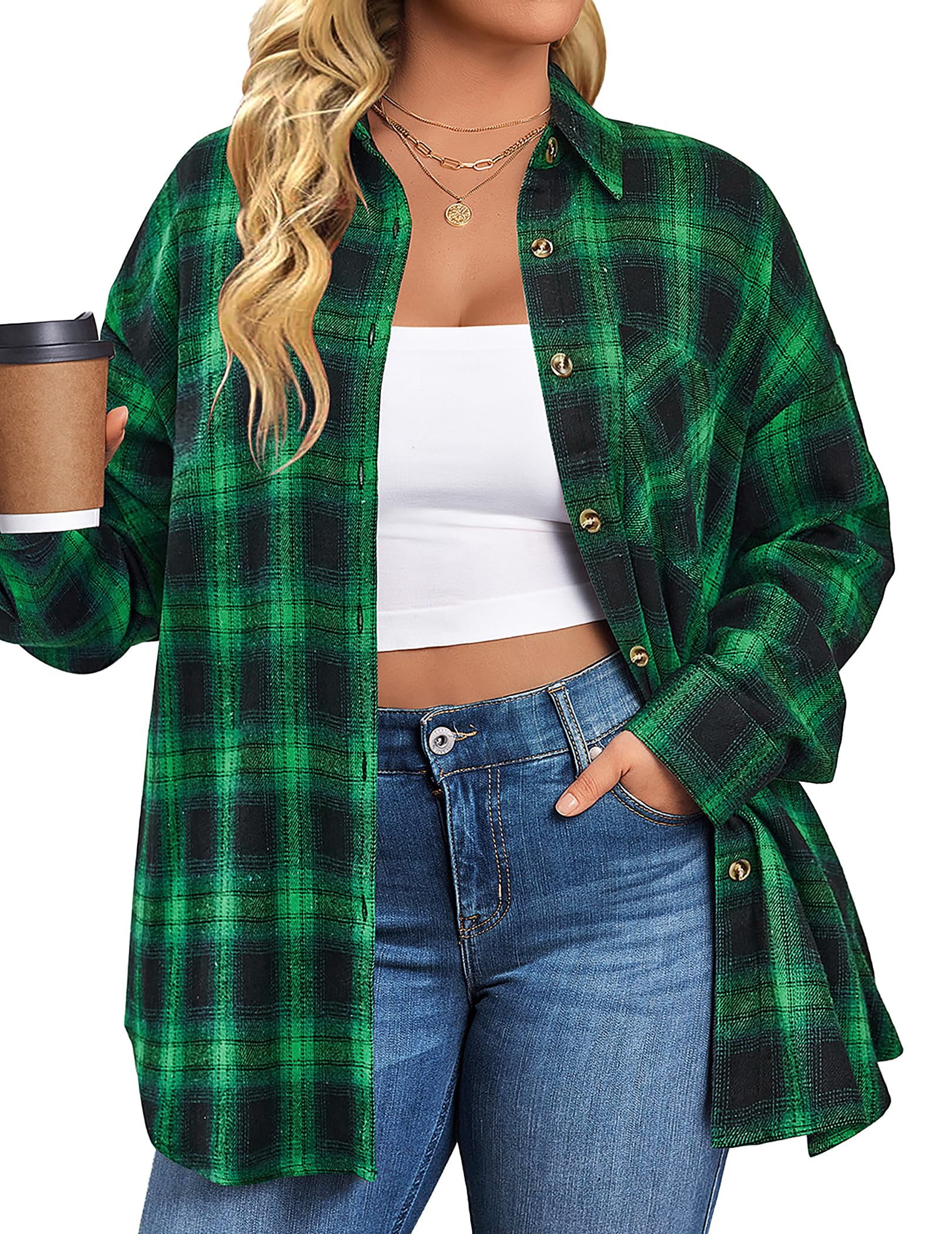 Walmart Black Friday Deals 2025 - Fantaslook Plus Size Flannel Plaid Shirts for Women Long Sleeve Button Down Shirts Casual Loose Blouses Tops