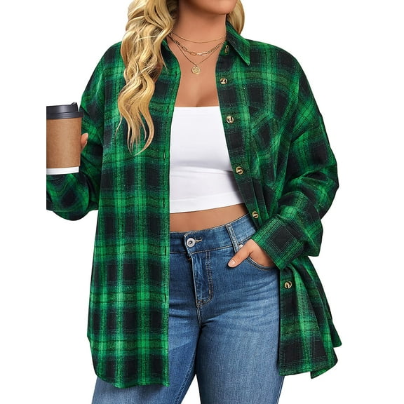 Fantaslook Plus Size Flannel Plaid Shirts for Women Long Sleeve Button Down Shirts Casual Loose Blouses Tops