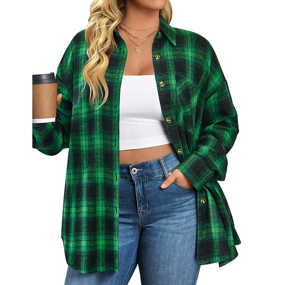 Fantaslook Plus Size Flannel Plaid Shirts for Women Long Sleeve Button Down Shirts Casual Loose Blouses Tops