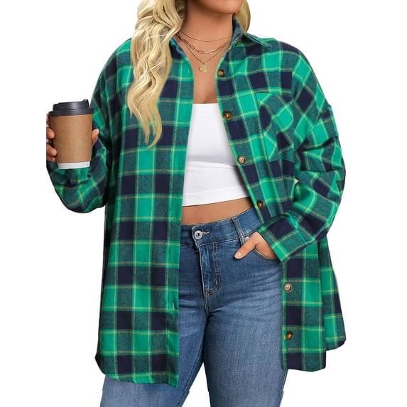 Fantaslook Plus Size Flannel Plaid Shirts for Women Long Sleeve Button Down Shirts Casual Loose Blouses Tops