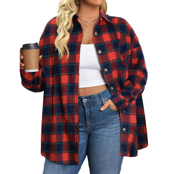 Fantaslook Plus Size Flannel Plaid Shirts for Women Long Sleeve Button Down Shirts Casual Loose Blouses Tops