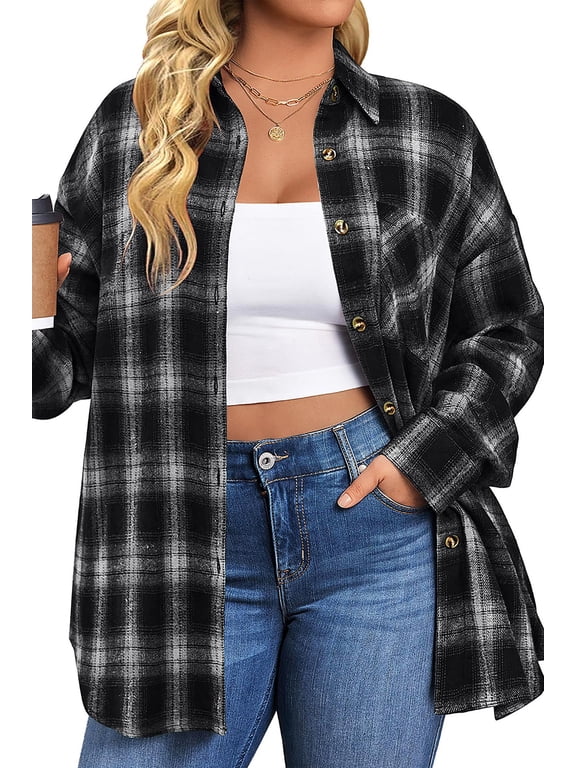 Plus Size Flannel Plaid Shirts for Women Long Sleeve Button Down Shirts Casual Loose Blouses Tops