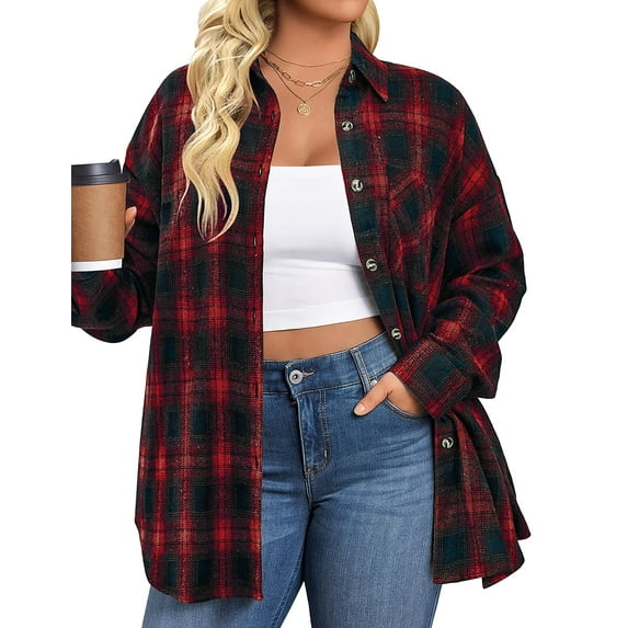 Fantaslook Plus Size Flannel Plaid Shirts for Women Long Sleeve Button Down Shirts Casual Loose Blouses Tops