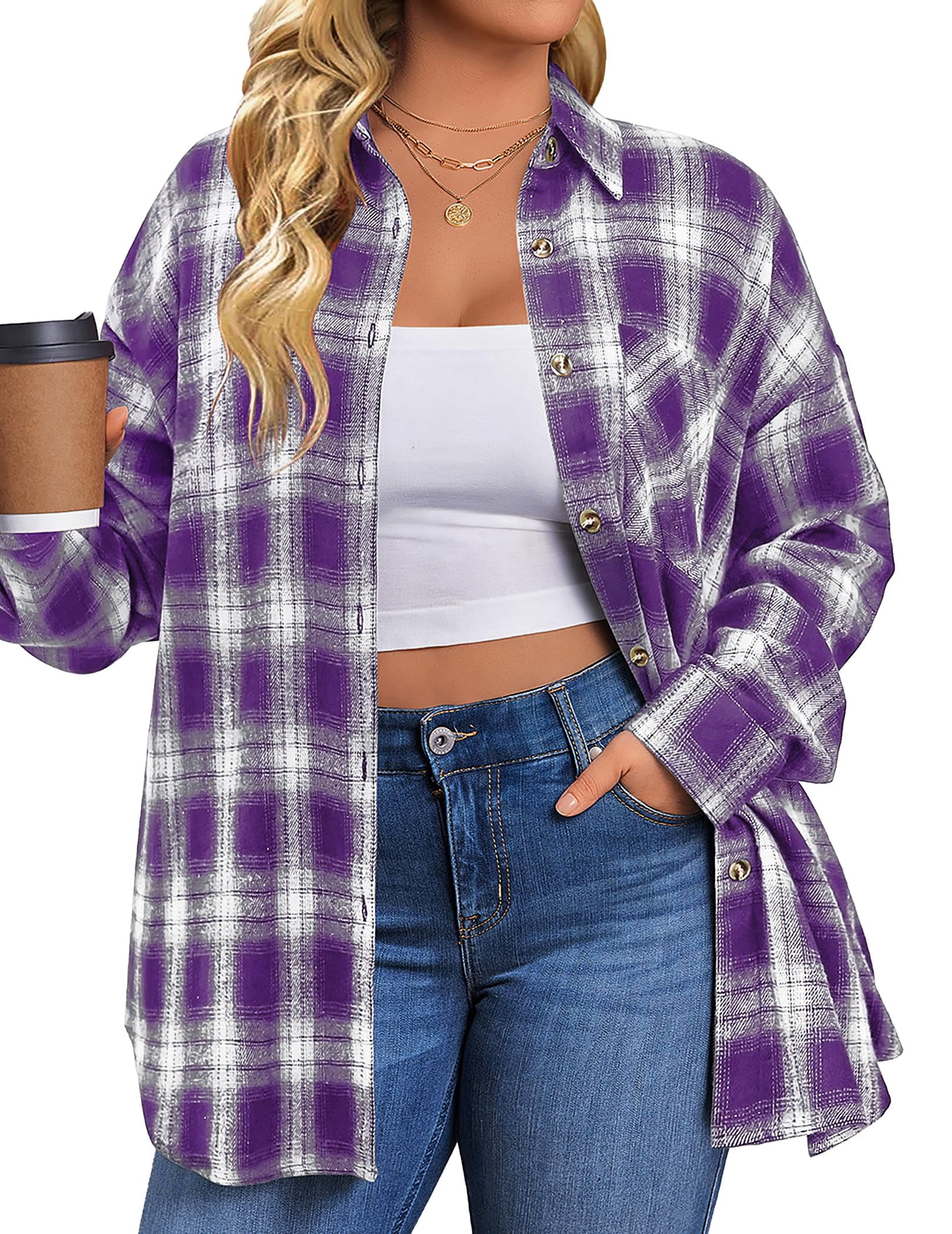 Fantaslook Plus Size Flannel Plaid Shirts for Women Long Sleeve Button ...