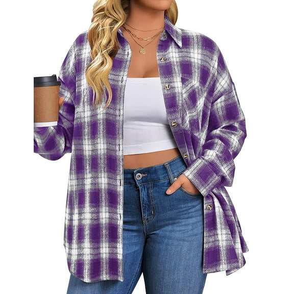 Fantaslook Plus Size Flannel Plaid Shirts for Women Long Sleeve Button Down Shirts Casual Loose Blouses Tops