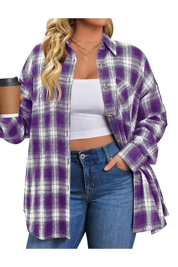 Plus Size Flannel Plaid Shirts for Women Long Sleeve Button Down Shirts Casual Loose Blouses Tops
