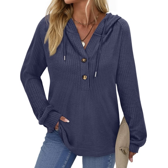 Fantaslook Plus Size Hoodies for Women Waffle Knit Sweatshirts Drawstring Long Sleeve Tops Button V Neck Pullover