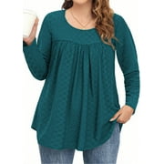 FANTASLOOK Plus Size Womens Tunic Tops Eyelet Dressy Long Sleeve Shirt Pleated Crew Neck Blouses Curved Hem Fall Outfits