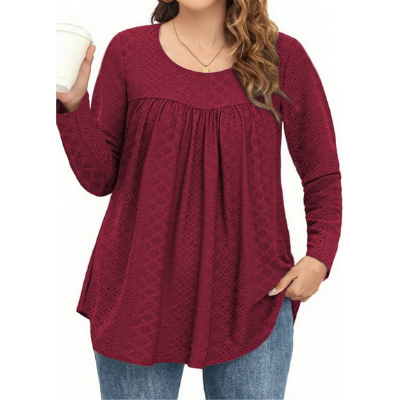 Fantaslook Plus Size Womens Tunic Tops Eyelet Dressy Long Sleeve Shirt Pleated Crew Neck Blouses Curved Hem Fall Outfits