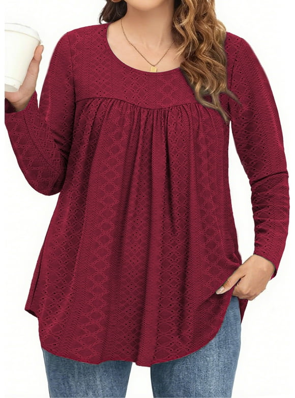 Plus Size Womens Tunic Tops Eyelet Dressy Long Sleeve Shirt Pleated Crew Neck Blouses Curved Hem Fall Outfits