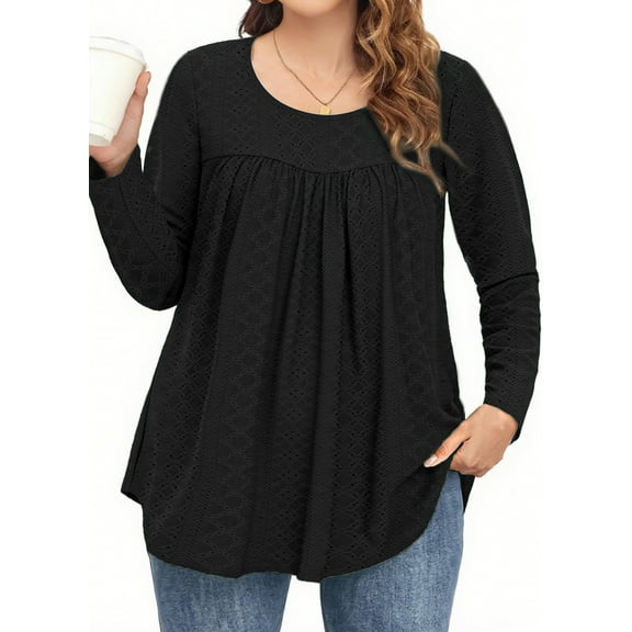 Fantaslook Plus Size Womens Tunic Tops Eyelet Dressy Long Sleeve Shirt Pleated Crew Neck Blouses Curved Hem Fall Outfits