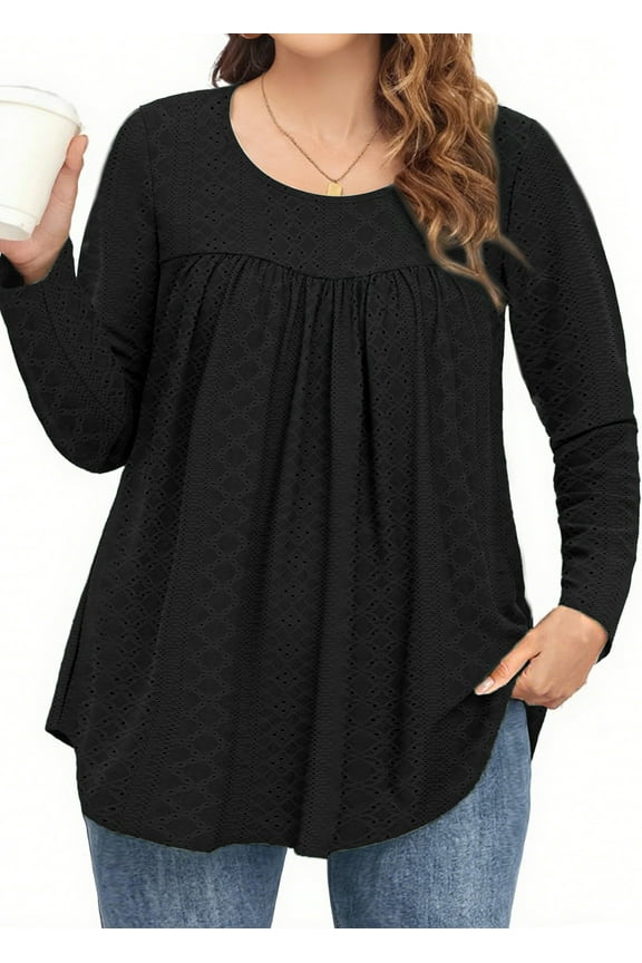 Plus Size Womens Tunic Tops Eyelet Dressy Long Sleeve Shirt Pleated Crew Neck Blouses Curved Hem Fall Outfits