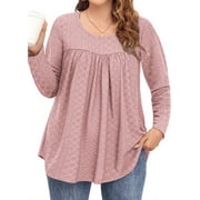 Fantaslook Plus Size Womens Tunic Tops Eyelet Dressy Long Sleeve Shirt Pleated Crew Neck Blouses Curved Hem Fall Outfits