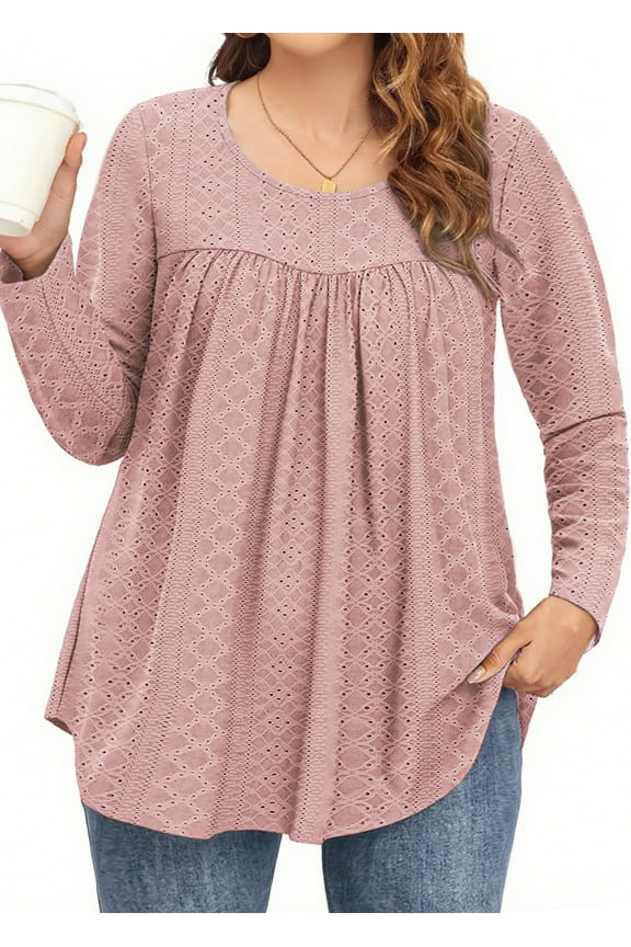Plus Size Womens Tunic Tops Eyelet Dressy Long Sleeve Shirt Pleated Crew Neck Blouses Curved Hem Fall Outfits