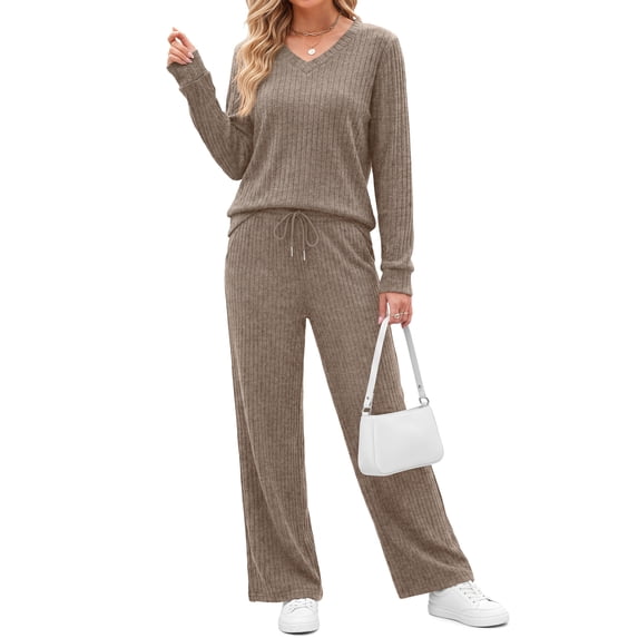 Fantaslook Plus Size Two Piece Lounge Sets for Women Vacation Travel Fall Outfits V Neck Tops Wide Leg Pants Matching Sets Women Clothing