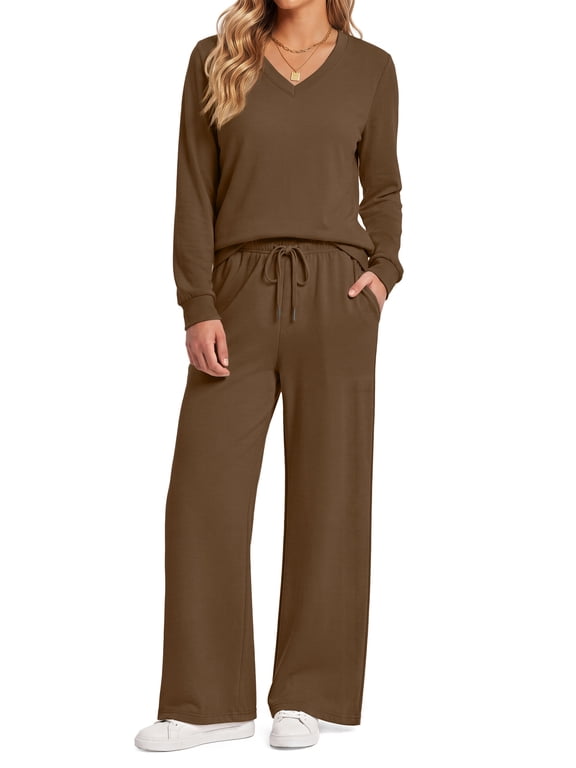 Plus Size Two Piece Sets for Women Fall Outfits Long Sleeve Tops Wide Leg Pants Lounge Matching Sets Vacation Travel Outfits
