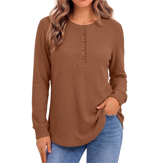 Fantaslook Plus Size Waffle Long Sleeve Shirts for Women Button Up V Neck Henley Blouses Dressy Casual Fall Tops