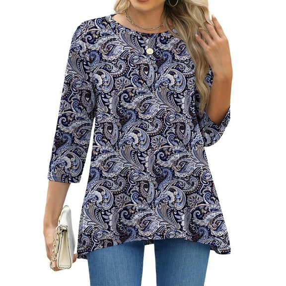 Fantaslook Plus Size Women Tunic Tops 3/4 Sleeve Dressy Casual Blouses Loose Flowy Floral Shirts