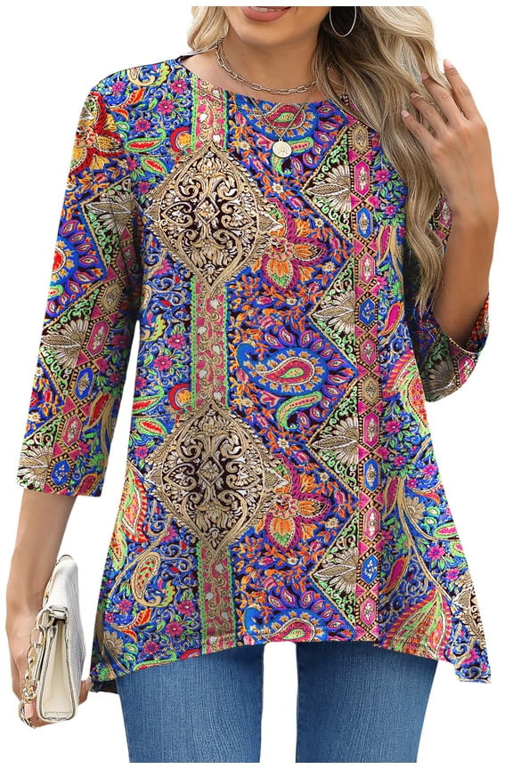 Plus Size Women Tunic Tops 3/4 Sleeve Dressy Casual Blouses Loose Flowy Floral Shirts
