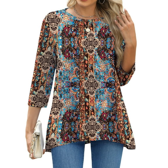Fantaslook Plus Size Women Tunic Tops 3/4 Sleeve Dressy Casual Blouses Loose Flowy Floral Shirts