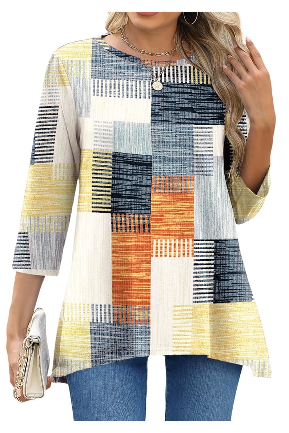 Plus Size Women Tunic Tops 3/4 Sleeve Dressy Casual Blouses Loose Flowy Floral Shirts
