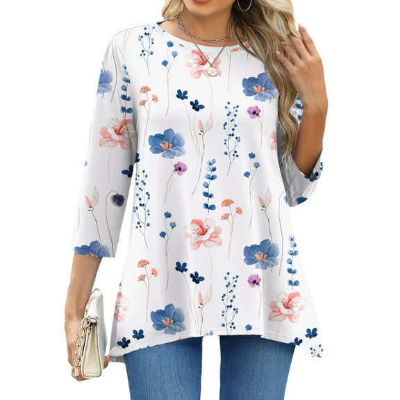 Fantaslook Plus Size Women Tunic Tops 3/4 Sleeve Dressy Casual Blouses Loose Flowy Floral Shirts