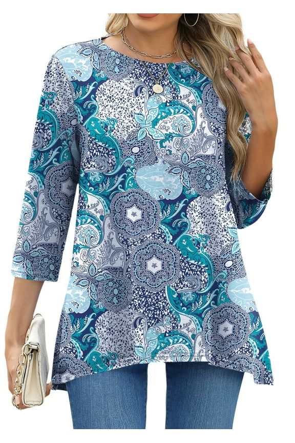 Plus Size Women Tunic Tops 3/4 Sleeve Dressy Casual Blouses Loose Flowy Floral Shirts