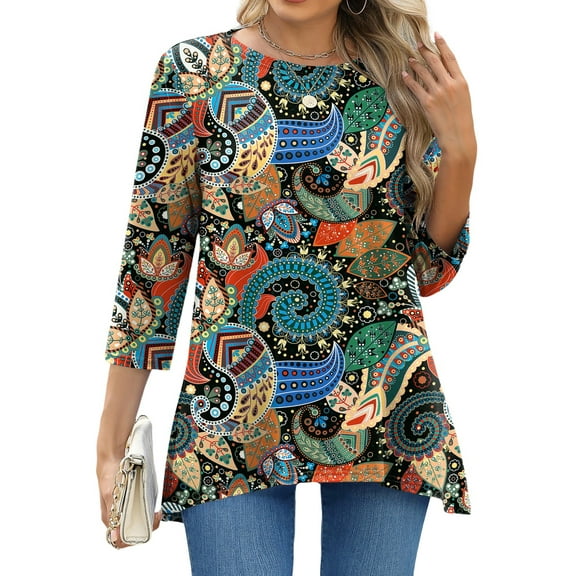 Fantaslook Plus Size Women Tunic Tops 3/4 Sleeve Dressy Casual Blouses Loose Flowy Floral Shirts