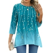 FANTASLOOK Plus Size Women Tunic Tops 3/4 Sleeve Dressy Casual Blouses Loose Flowy Floral Shirts