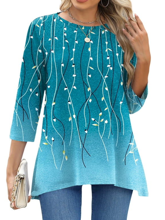 Plus Size Women Tunic Tops 3/4 Sleeve Dressy Casual Blouses Loose Flowy Floral Shirts