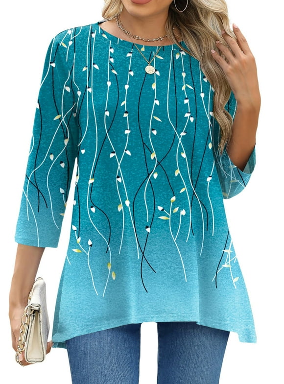 Plus Size Women Tunic Tops 3/4 Sleeve Dressy Casual Blouses Loose Flowy Floral Shirts