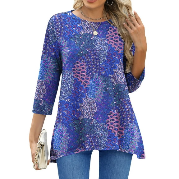 Fantaslook Plus Size Women Tunic Tops 3/4 Sleeve Dressy Casual Blouses Loose Flowy Floral Shirts