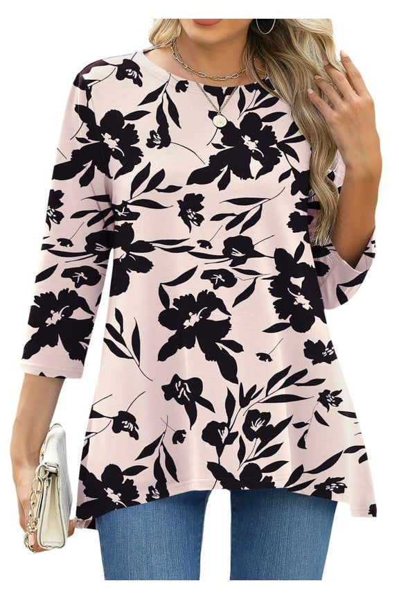Plus Size Women Tunic Tops 3/4 Sleeve Dressy Casual Blouses Loose Flowy Floral Shirts