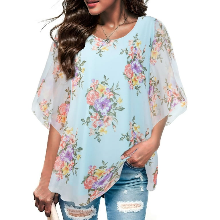 Fantaslook Plus Size Womens Blouses Floral Ruffle 3 4 Sleeve Flowy Tops Mesh Dressy Blouses Tunic Shirts Walmart