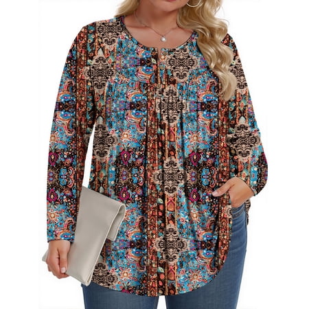 Fantaslook Plus Size Womens Blouses Long Sleeve Floral Tunic Tops Henley Neck Flowy Fall Shirts