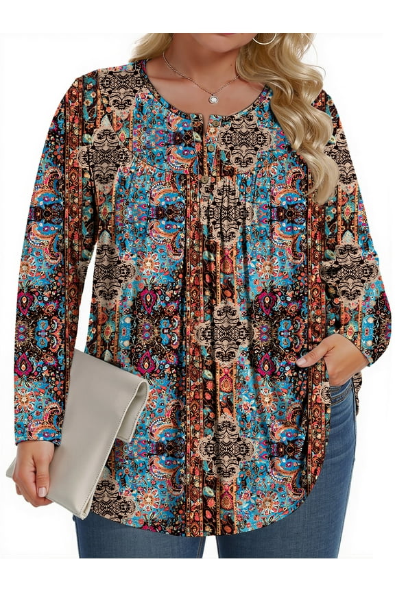 Plus Size Womens Blouses Long Sleeve Floral Tunic Tops Henley Neck Flowy Fall Shirts