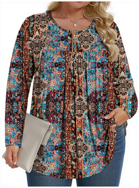 Plus Size Womens Blouses Long Sleeve Floral Tunic Tops Henley Neck Flowy Fall Shirts