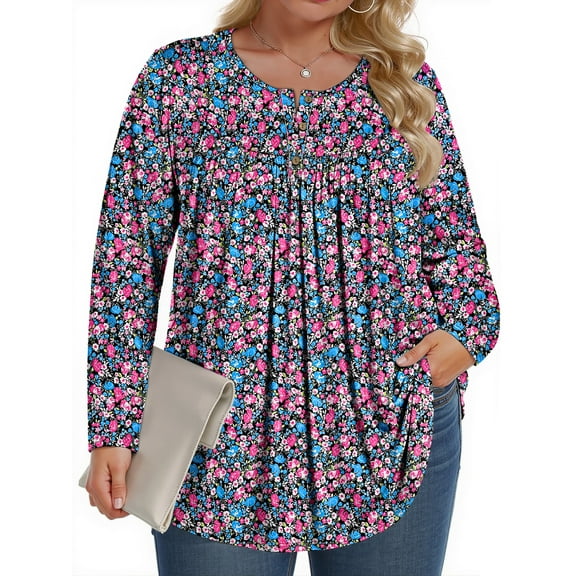 Fantaslook Plus Size Womens Blouses Long Sleeve Floral Tunic Tops Henley Neck Flowy Fall Shirts