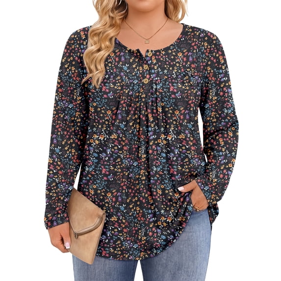 Fantaslook Plus Size Womens Blouses Long Sleeve Floral Tunic Tops Henley Neck Flowy Fall Shirts