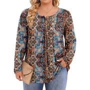 Fantaslook Plus Size Womens Blouses Long Sleeve Floral Tunic Tops Henley Neck Flowy Fall Shirts