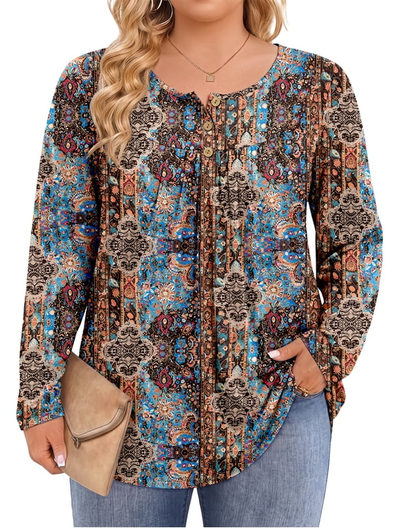Plus Size Womens Blouses Long Sleeve Floral Tunic Tops Henley Neck Flowy Fall Shirts