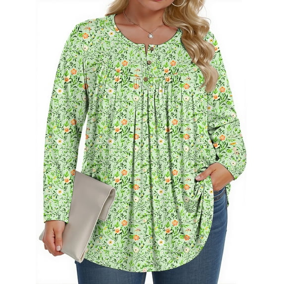 Fantaslook Plus Size Womens Blouses Long Sleeve Floral Tunic Tops Henley Neck Flowy Fall Shirts