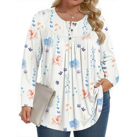 Fantaslook Plus Size Womens Blouses Long Sleeve Floral Tunic Tops Henley Neck Flowy Fall Shirts