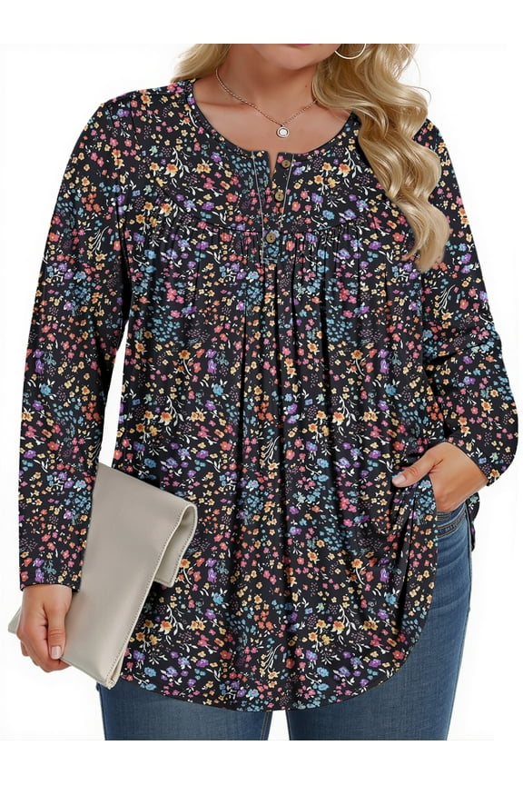 Plus Size Womens Blouses Long Sleeve Floral Tunic Tops Henley Neck Flowy Fall Shirts