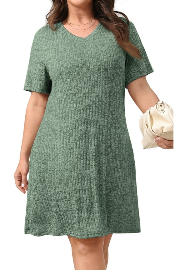 Plus Size Womens Dresses Short Sleeve Lightweight Ribbed Sundress V Neck Casuel Shirt Dresses