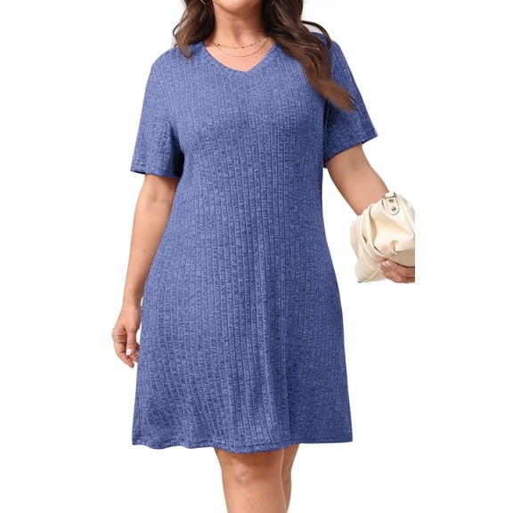 Fantaslook Plus Size Womens Dresses Short Sleeve Lightweight Ribbed Sundress V Neck Casuel Shirt Dresses