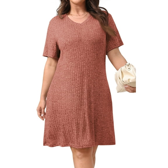 Fantaslook Plus Size Womens Dresses Short Sleeve Lightweight Ribbed Sundress V Neck Casuel Shirt Dresses