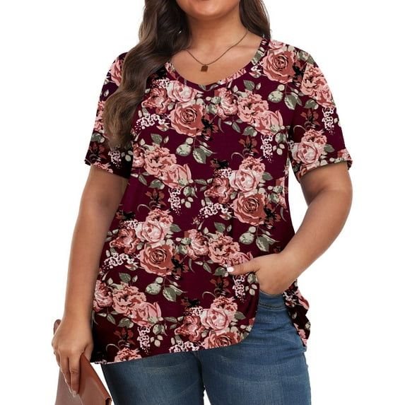 Fantaslook Plus Size Womens T Shirts V Neck Caseual Tops Short Sleeve Floral Shirts Loose Blouses
