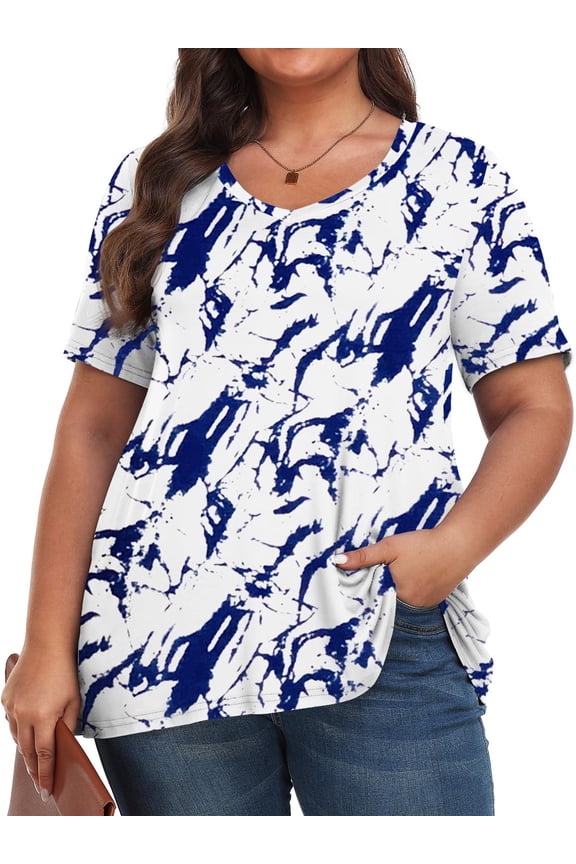 Plus Size Womens T Shirts V Neck Caseual Tops Short Sleeve Floral Shirts Loose Blouses