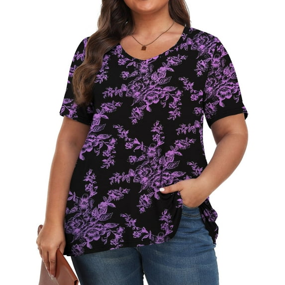 Fantaslook Plus Size Womens T Shirts V Neck Caseual Tops Short Sleeve Floral Shirts Loose Blouses
